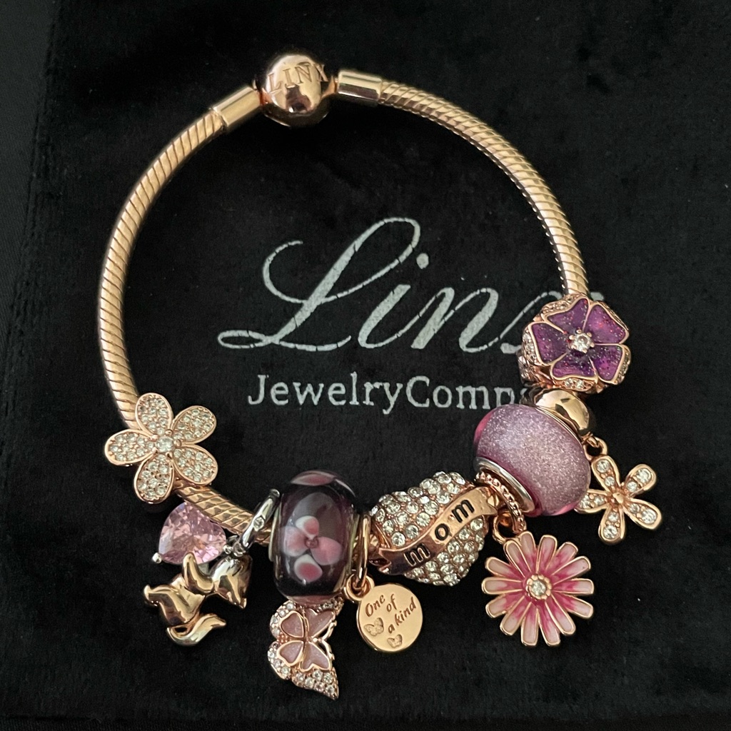 Linx Rose Gold Snake Chain Bracelet With Pink And Purple Charms